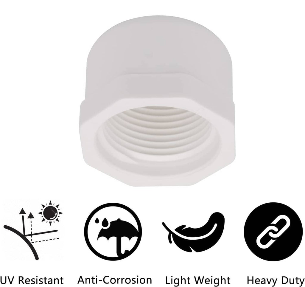 White PVC pipe end cap showing circular female threads