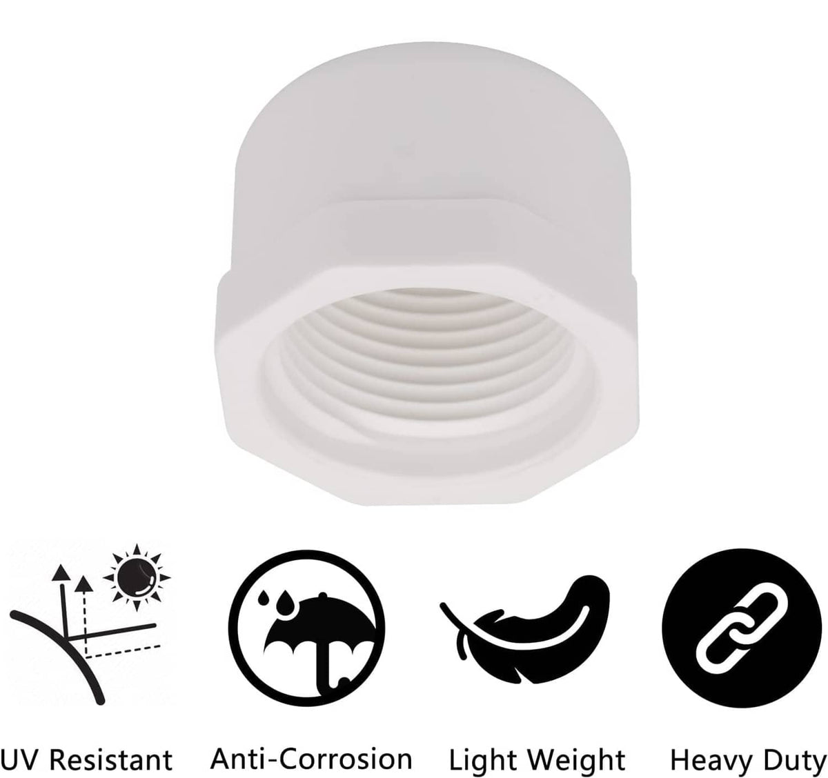 White PVC pipe end cap showing circular female threads