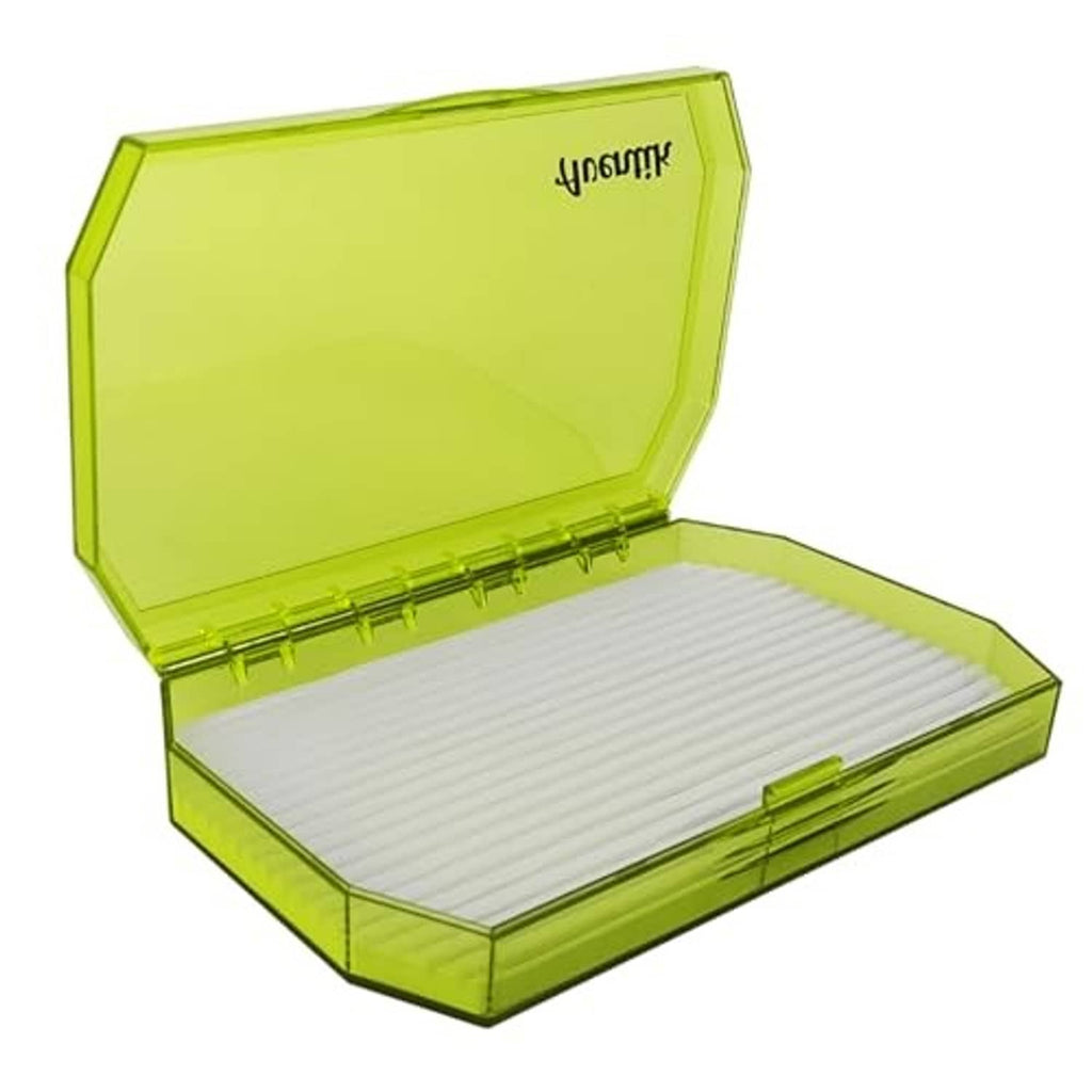 Green fly storage box with clear lid open, foam-lined insert visible