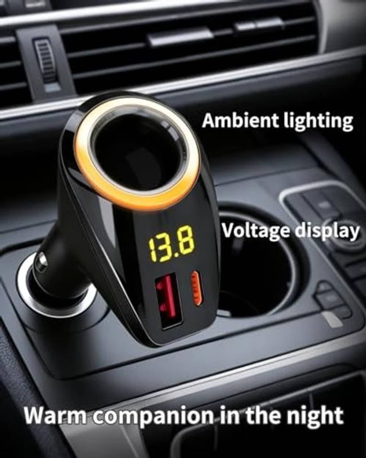 Black car cigarette lighter splitter adapter with glowing ring and 13.8 voltage display