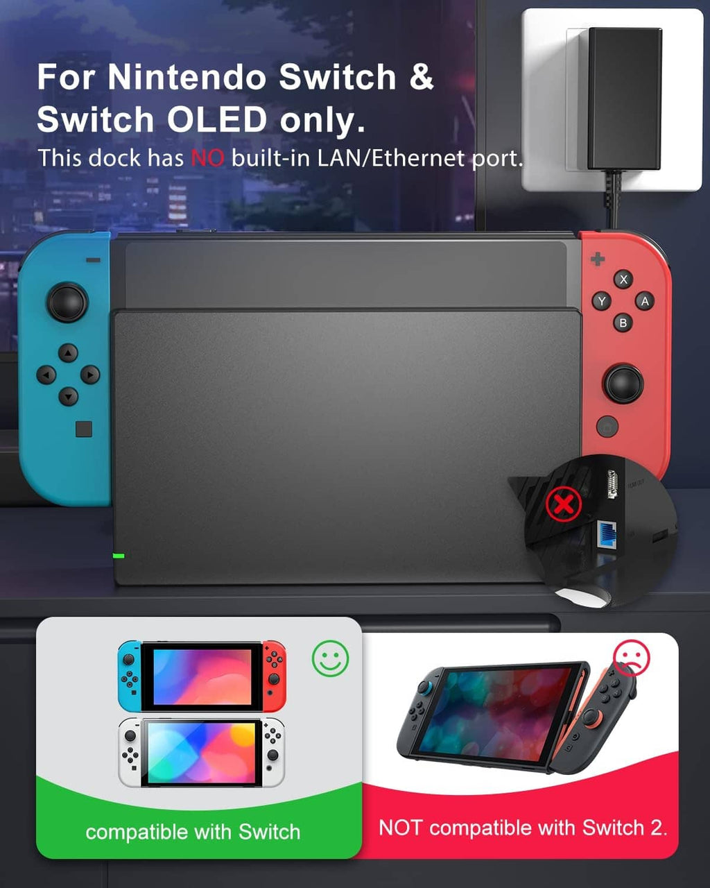 Black Switch OLED TV dock station with cables and compact power adapter