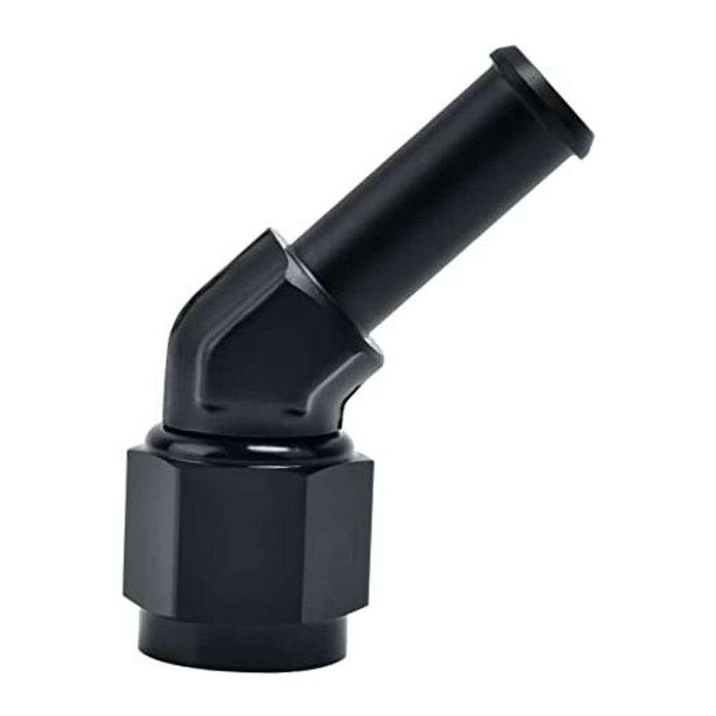 45-degree swivel AN-to-barb hose fitting with black finish, female-to-3/8 in barb end.