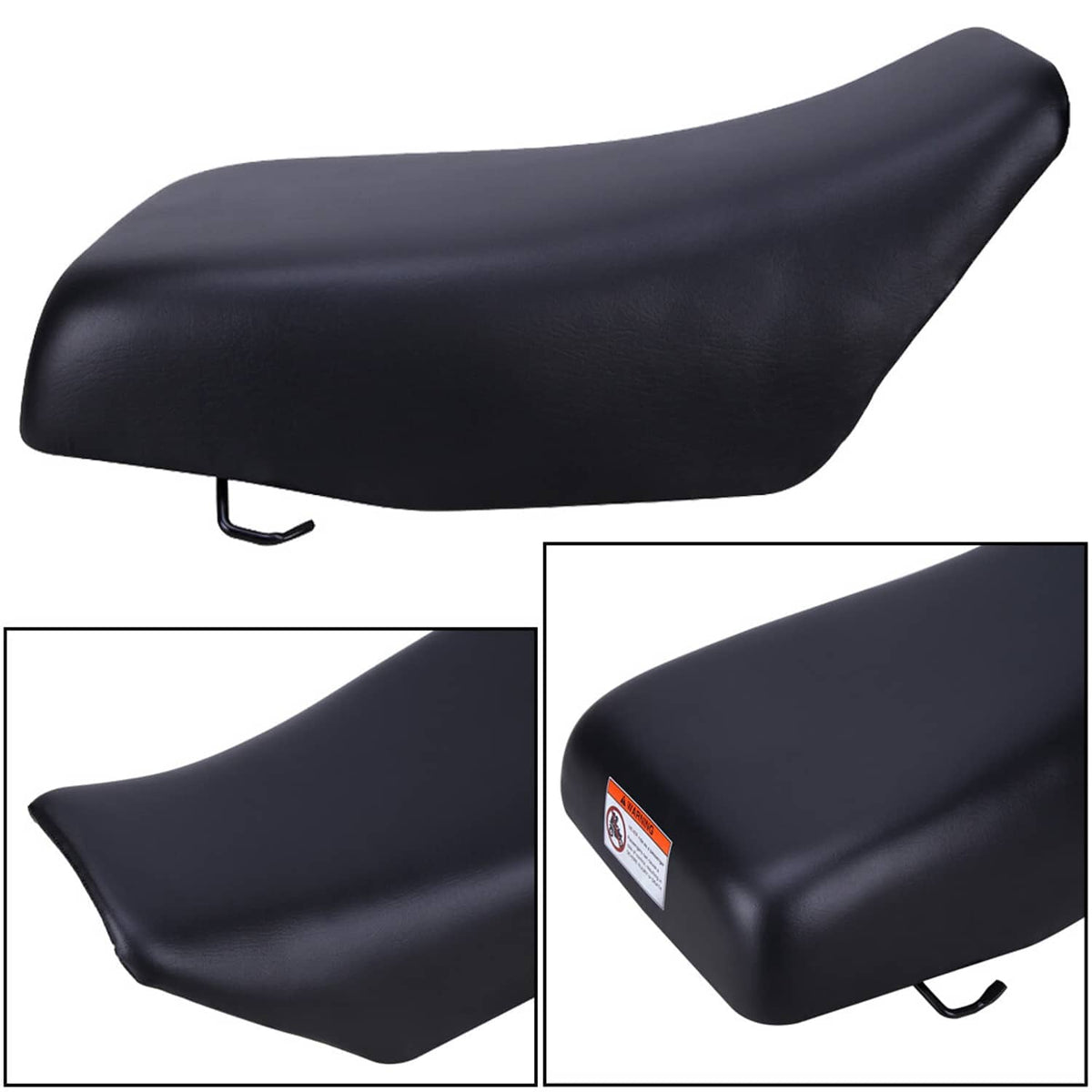 Black ATV seat showing warning label and rear mounting bracket