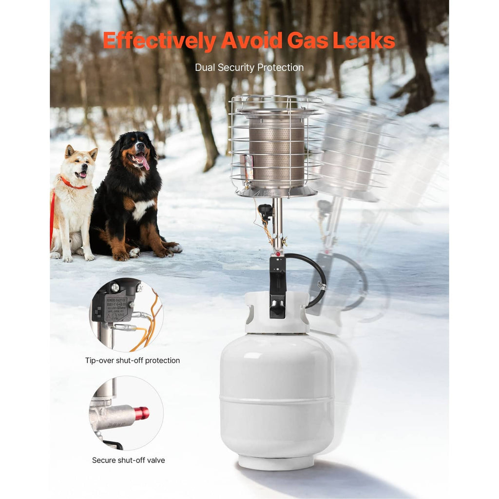 Portable propane heater with regulator, hose, and safety shut-off valve parts