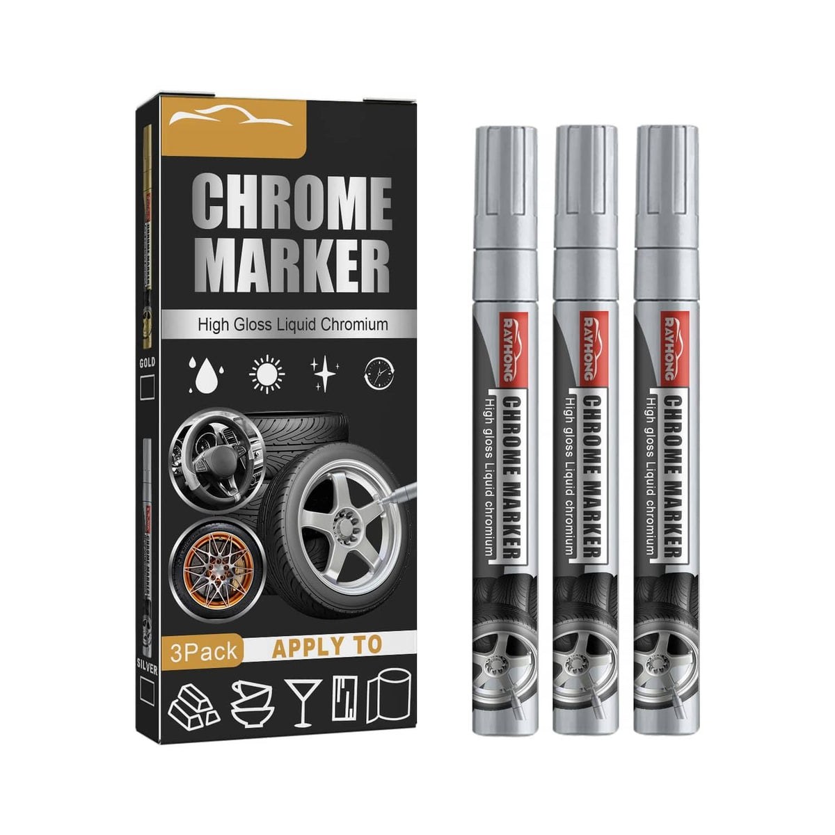 Silver chrome liquid mirror marker 3-pack with box and three cylinder markers