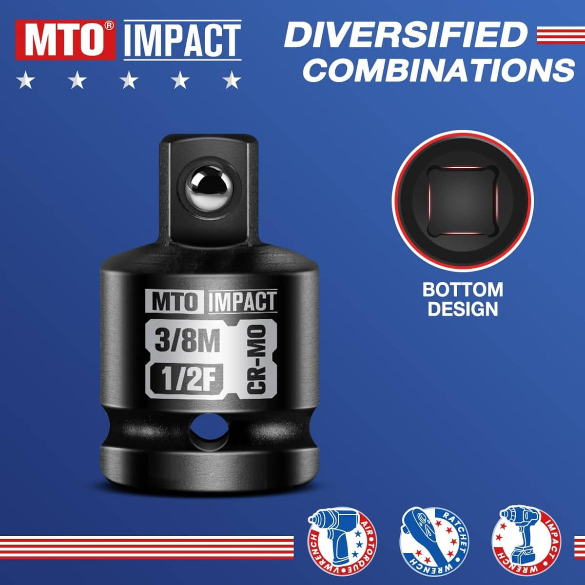Black impact socket adapter with square drive opening, 3/8 in male to 1/2 in female