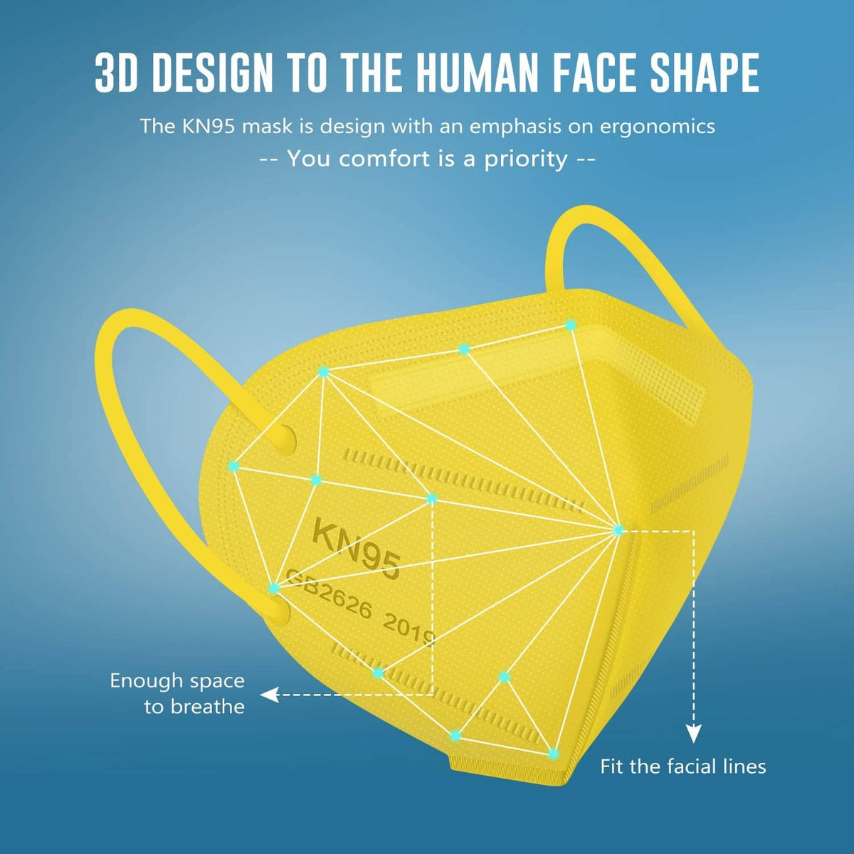 Yellow 3D KN95 face mask with curved shape and ear loops