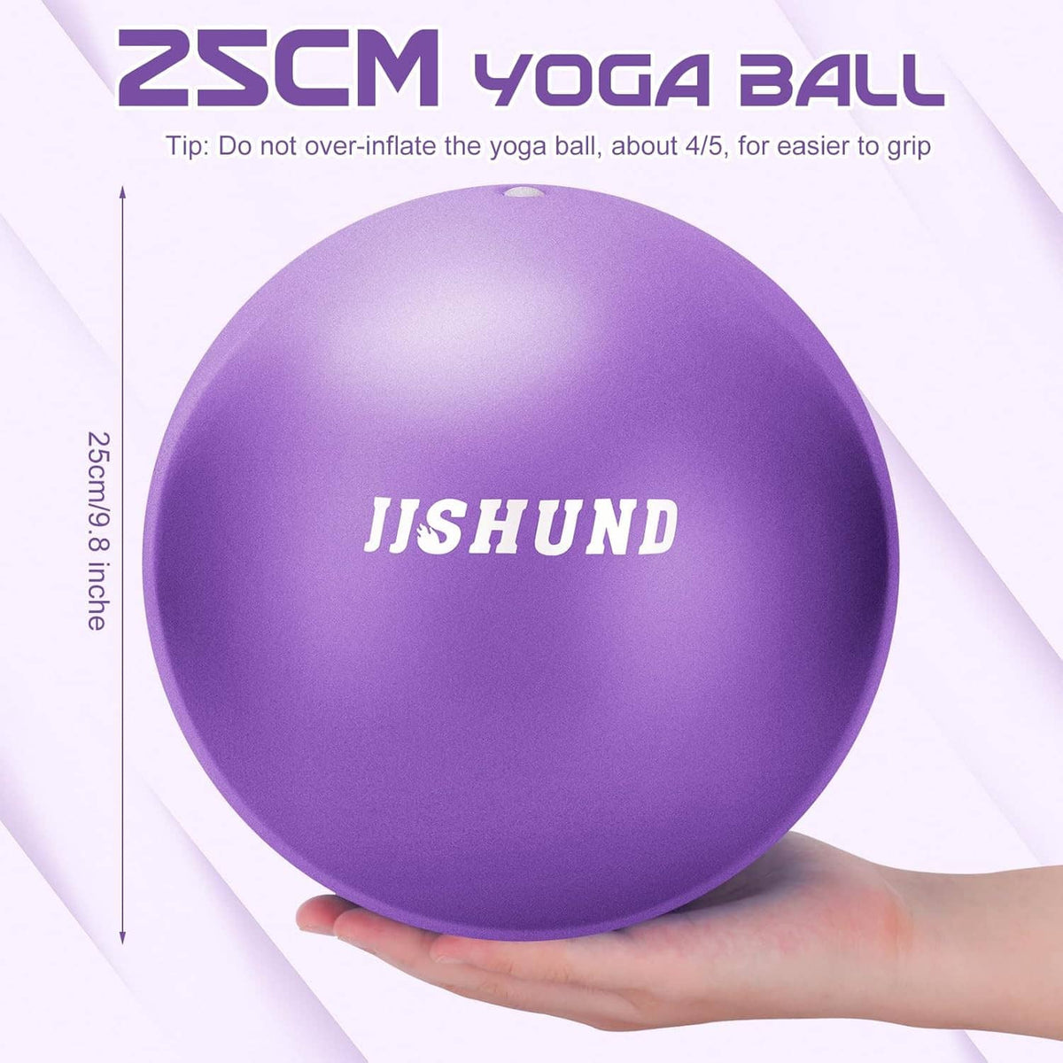 Purple mini yoga ball held in a hand