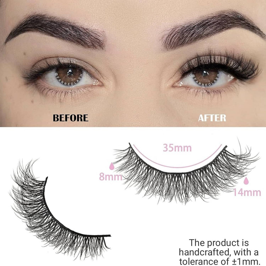 Model eyes wearing natural false mink lashes with wispy, short lash bands