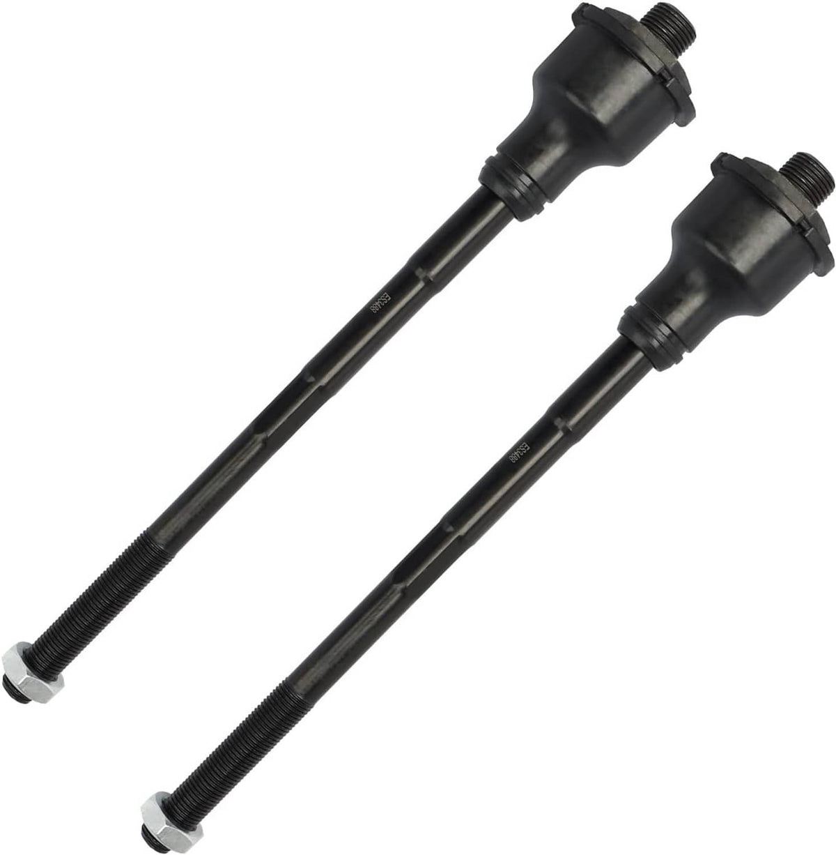 Front tie rods with black boots and threaded ends, pair of steel rods
