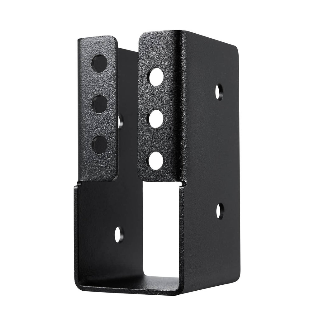 Black concealed joist hanger bracket with multiple holes and open mounting slot