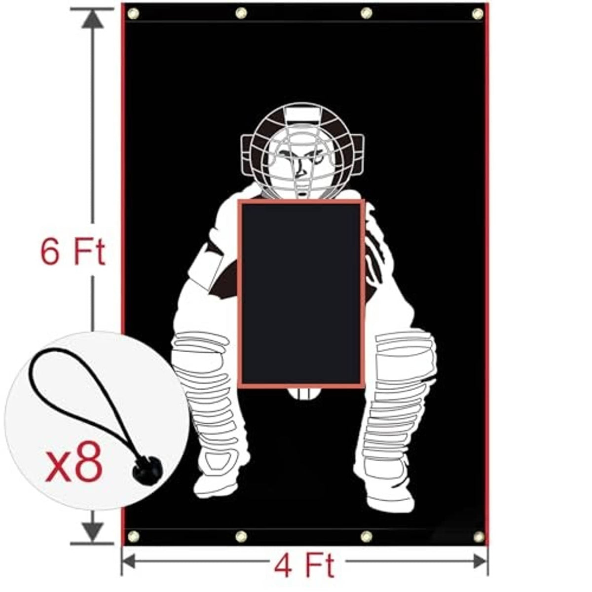 4 ft by 6 ft strike zone batting target panel, black PVC with red frame