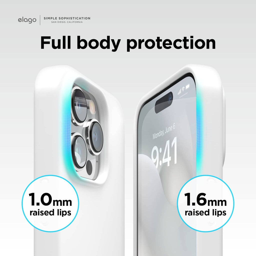 White silicone phone case with raised lips for screen and camera protection