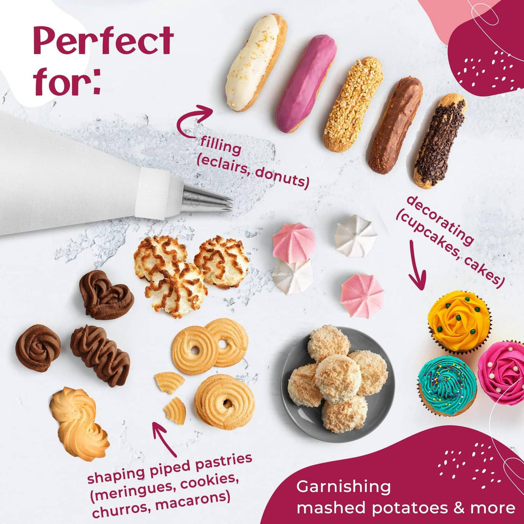 White reusable piping bag nozzle with assorted decorated pastries and frosting designs