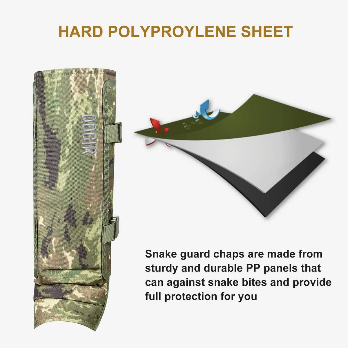 Camouflage snake gaiters with reinforced protective panels and side buckles.