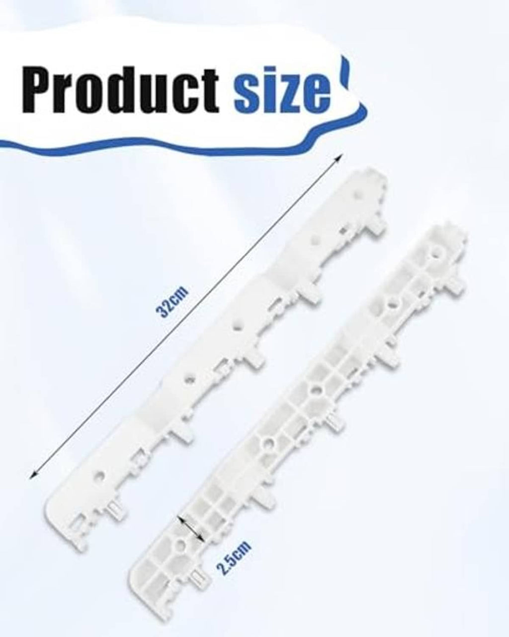 White plastic bumper support brackets, approx 32 cm and 25 cm lengths