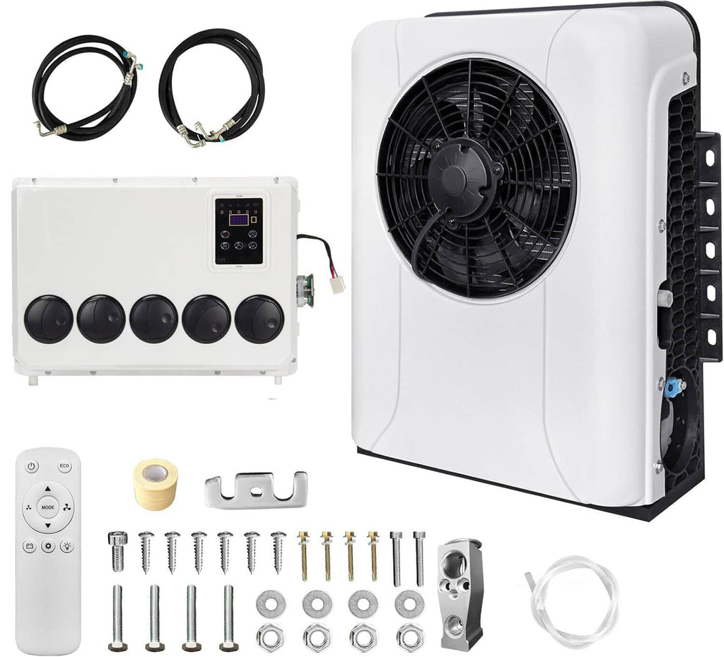 Split AC outdoor unit with fan grille and control panel plus connection cables and mounting parts