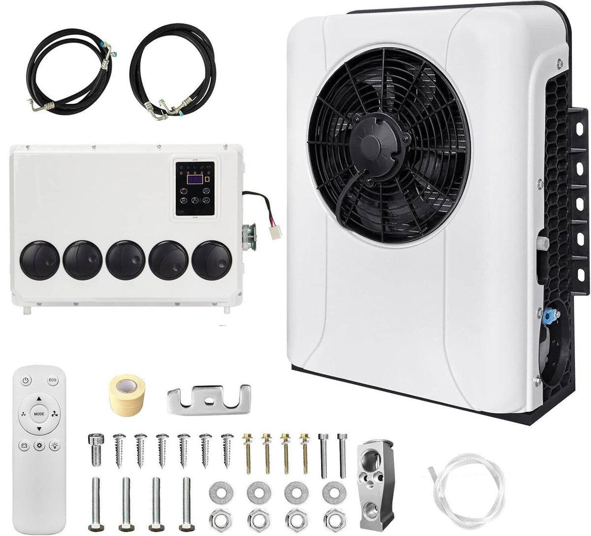 Split AC outdoor unit with fan grille and control panel plus connection cables and mounting parts