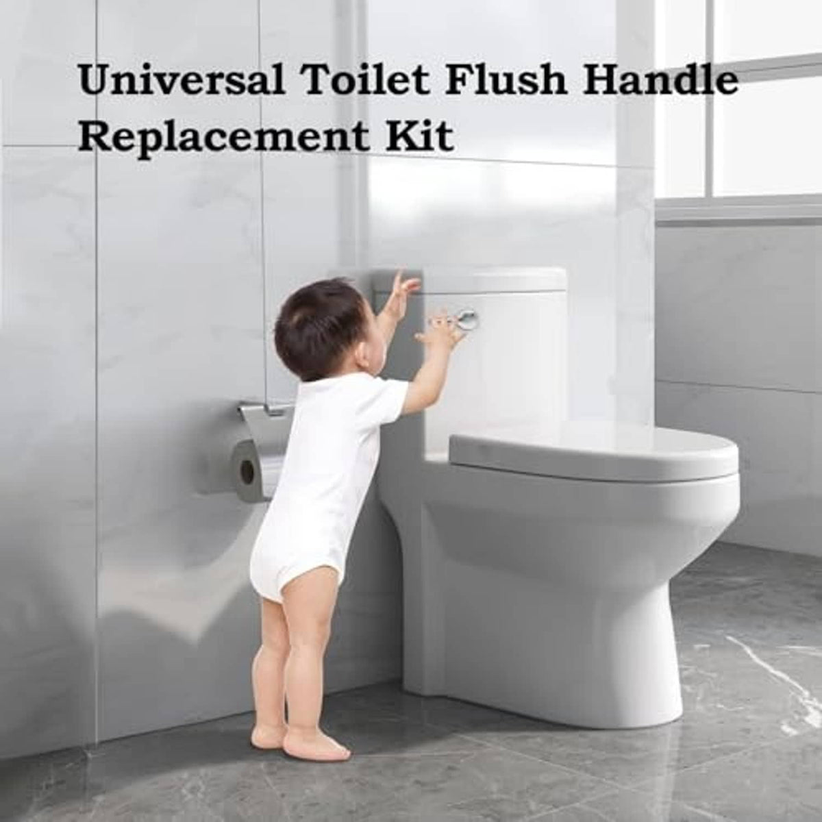 Toilet flush handle replacement kit on a bathroom toilet with a person pointing at the flush handle