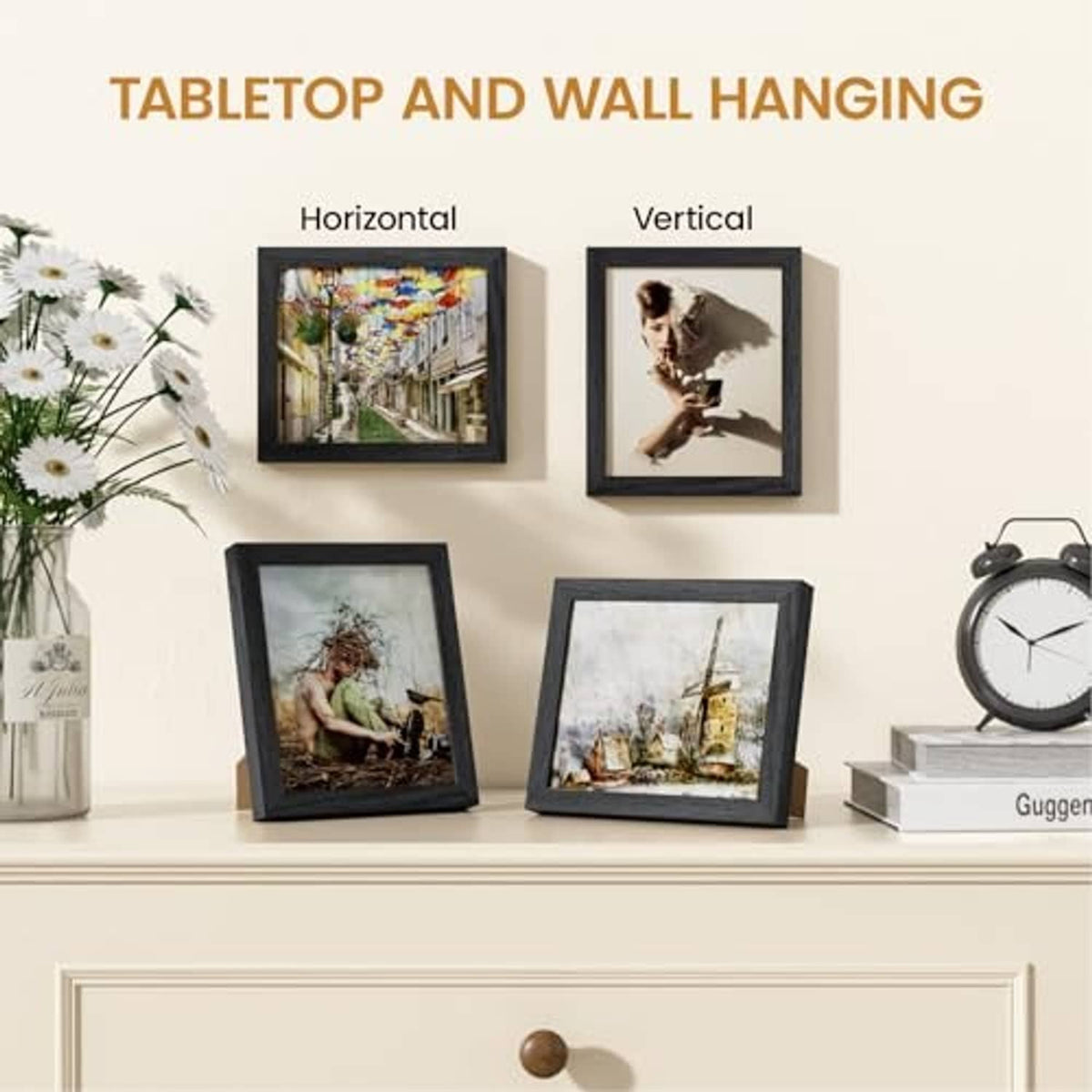 Black oak picture frames displayed on a mantel, for tabletop or wall hanging