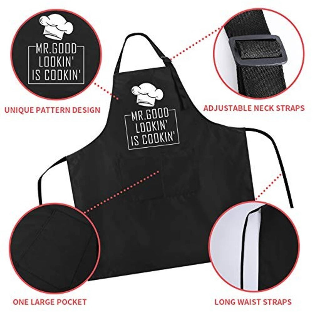 Black chef apron with adjustable neck strap, long waist ties, and one large pocket
