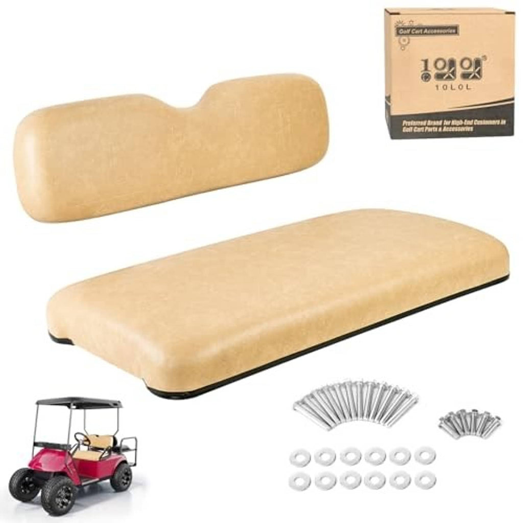 Tan golf cart front seat cushion set with backrest, seat base, and included hardware