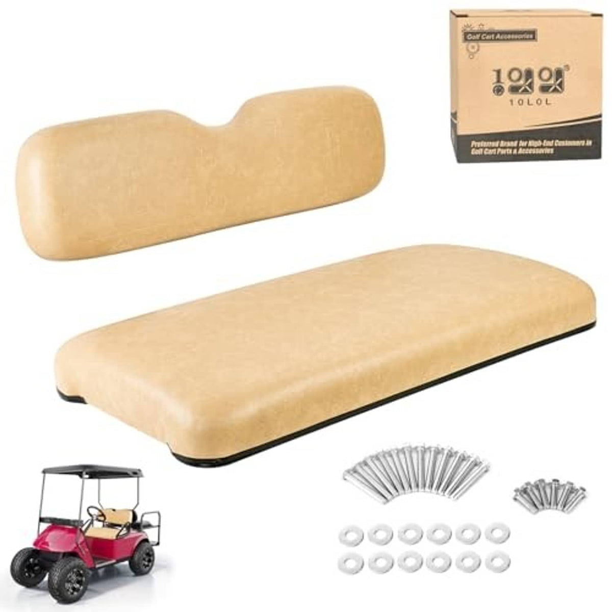 Tan golf cart front seat cushion set with backrest, seat base, and included hardware