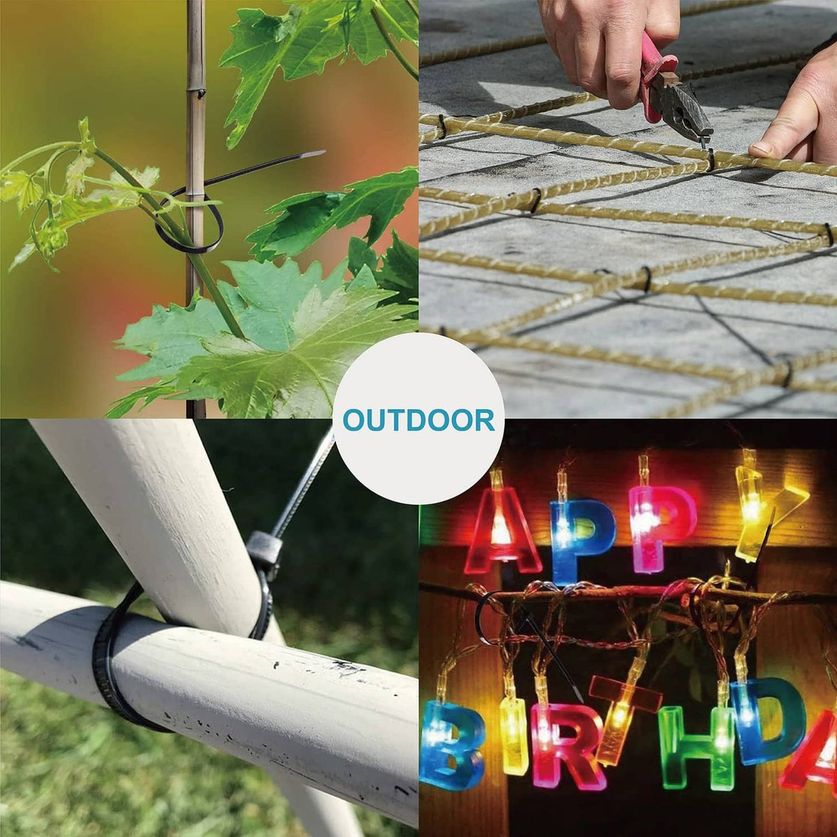 Black zip ties securing outdoor items on a railing and light string