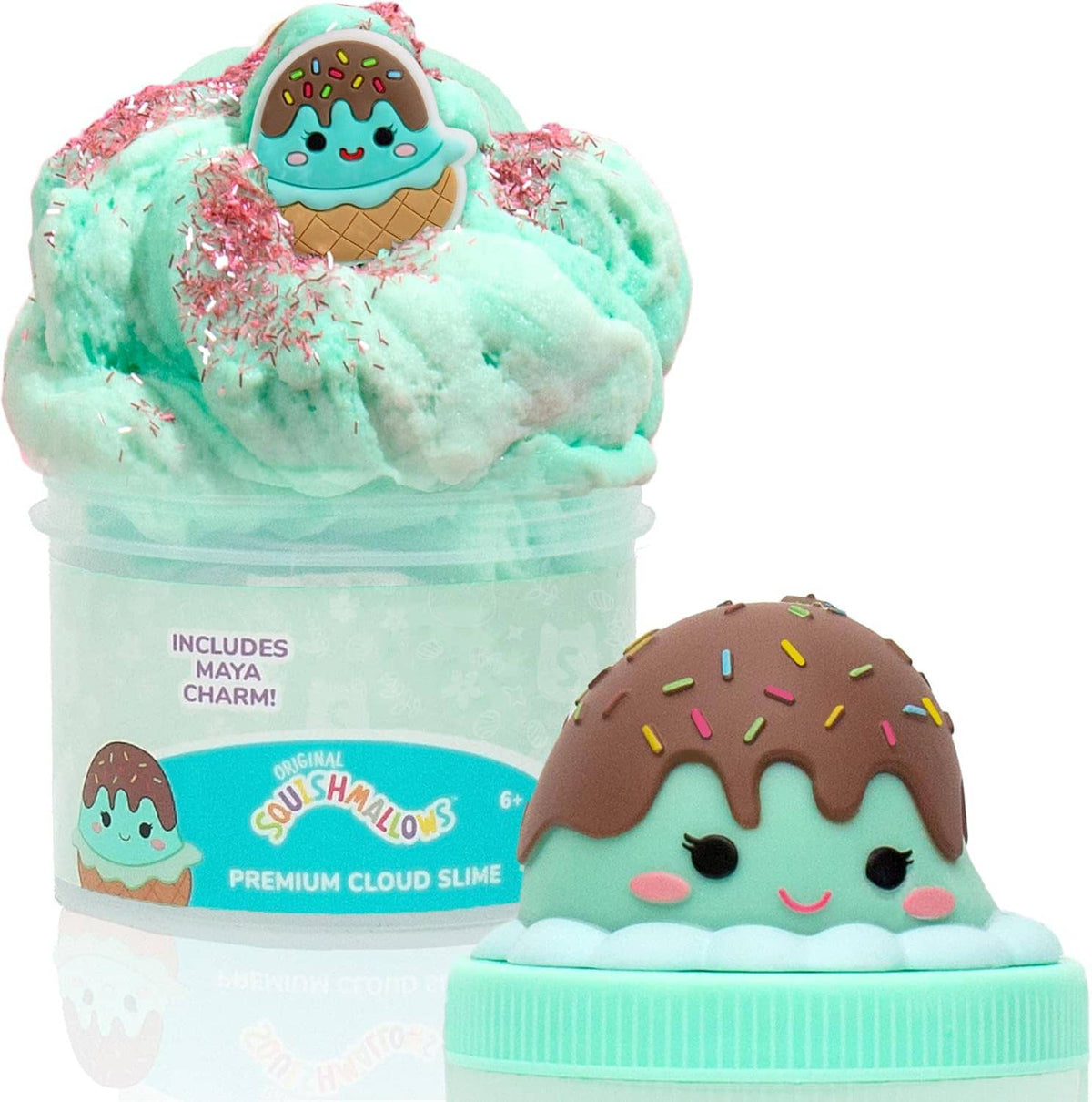 Teal cloud slime jar with scoop slime and ice-cream charm on lid, includes Maya charm