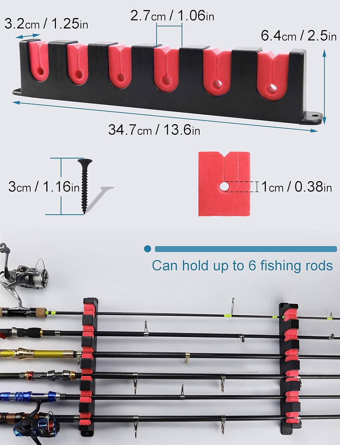Wall-mounted fishing rod rack holder, black rail with red foam grip slots