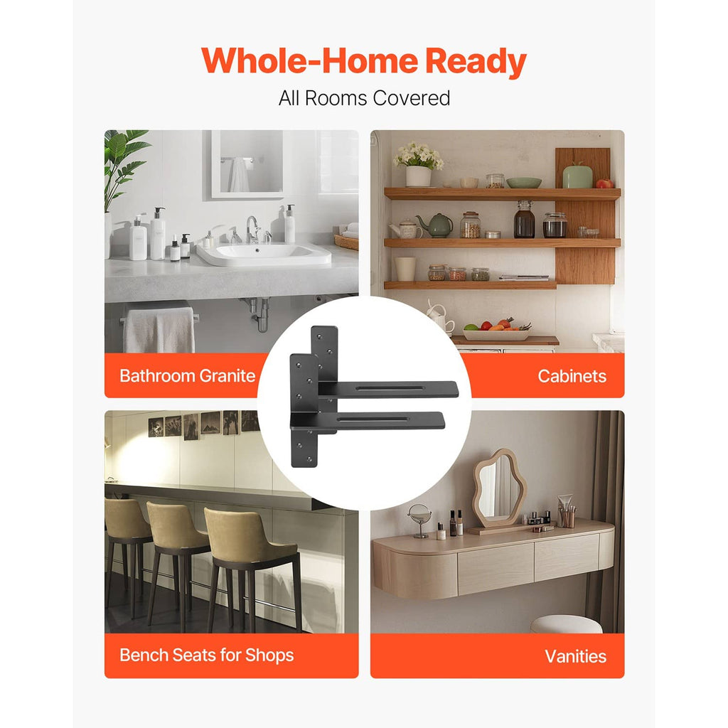 Matte black floating shelf brackets set with slotted arms and mounting screw holes.