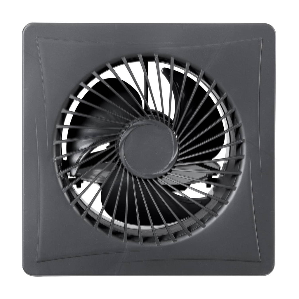 Square solar ventilation fan housing with centered circular blade fan