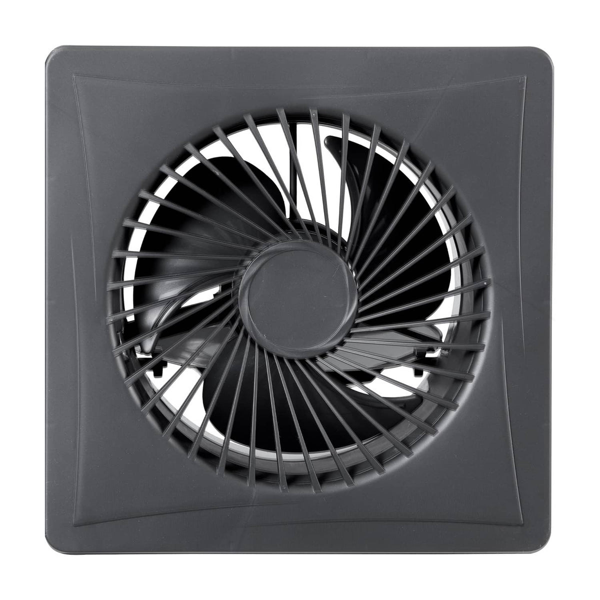 Square solar ventilation fan housing with centered circular blade fan