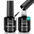 Beetles gel polish base gel and top coat bottles with attached applicator brush