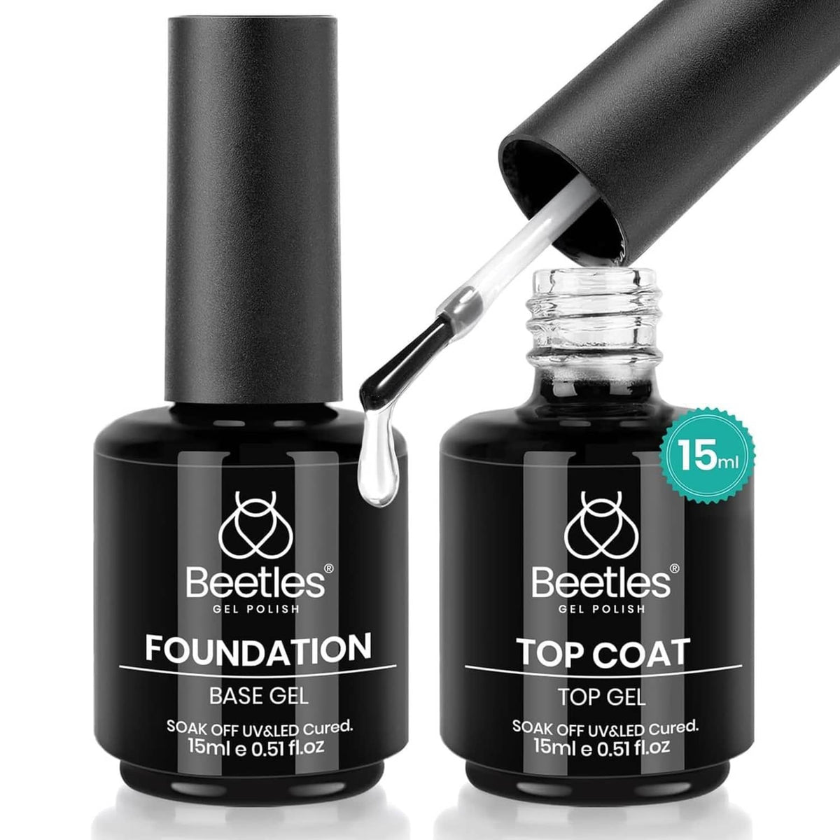 Beetles gel polish base gel and top coat bottles with attached applicator brush