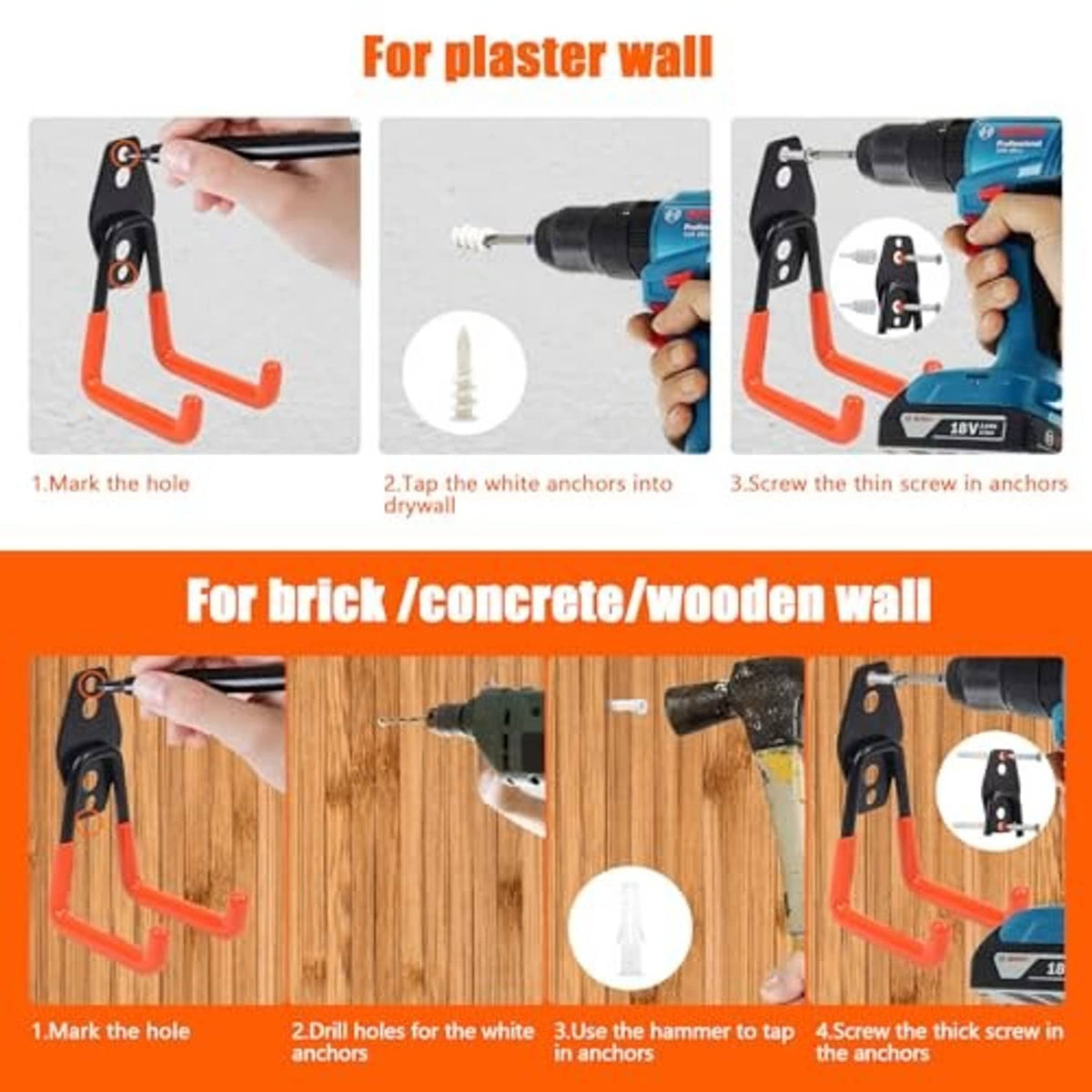 Orange and black wall hook with anchors and screws for plaster or brick installation