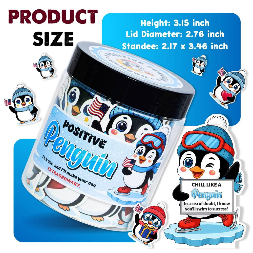 Penguin affirmation card jar shown with size info and penguin character lid label