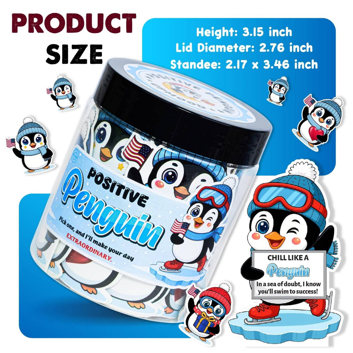 Penguin affirmation card jar shown with size info and penguin character lid label