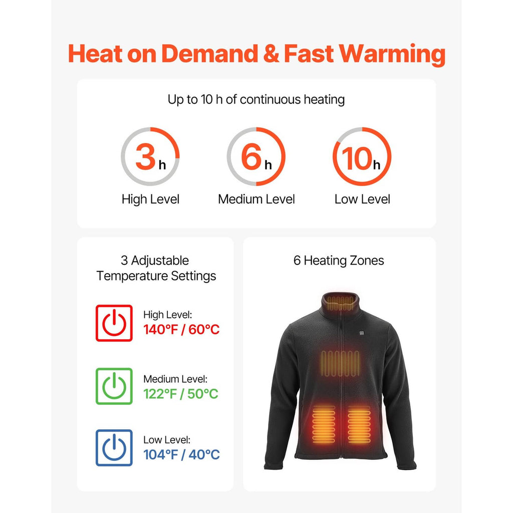 Black heated fleece jacket front view with heating zone indicator graphics