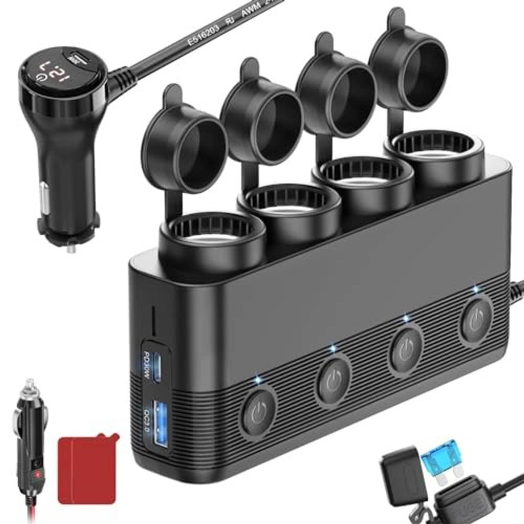 Four-socket car charger adapter with four dark ports and a black car plug