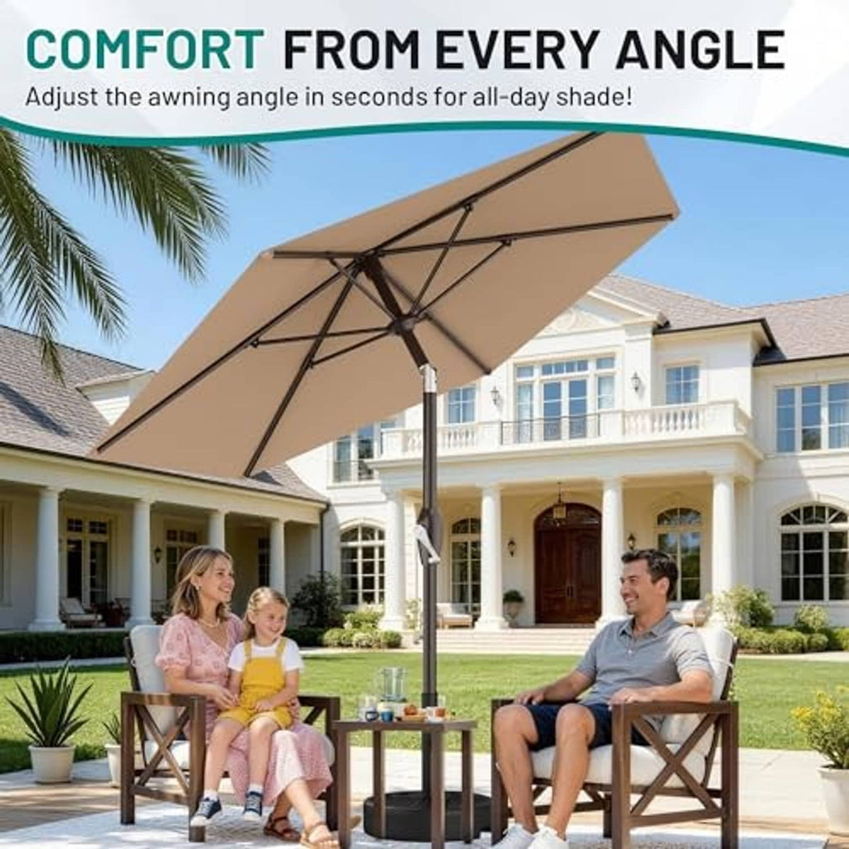 Beige patio umbrella with adjustable angle over backyard seating area
