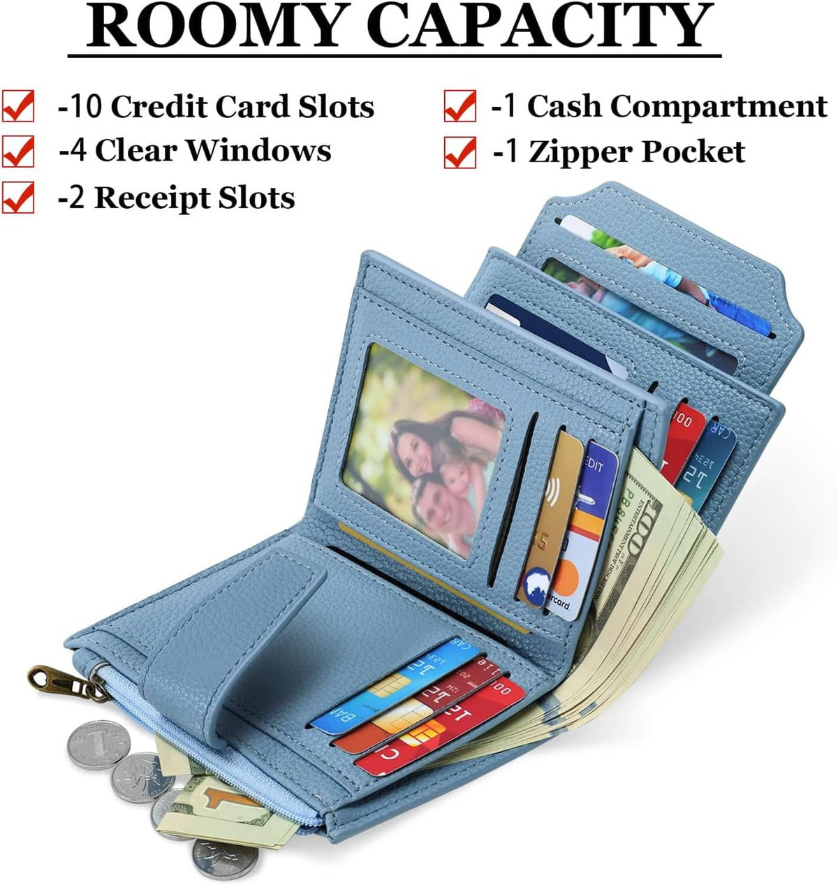 Sky blue bifold wallet open to card slots, cash area, and zippered side pocket