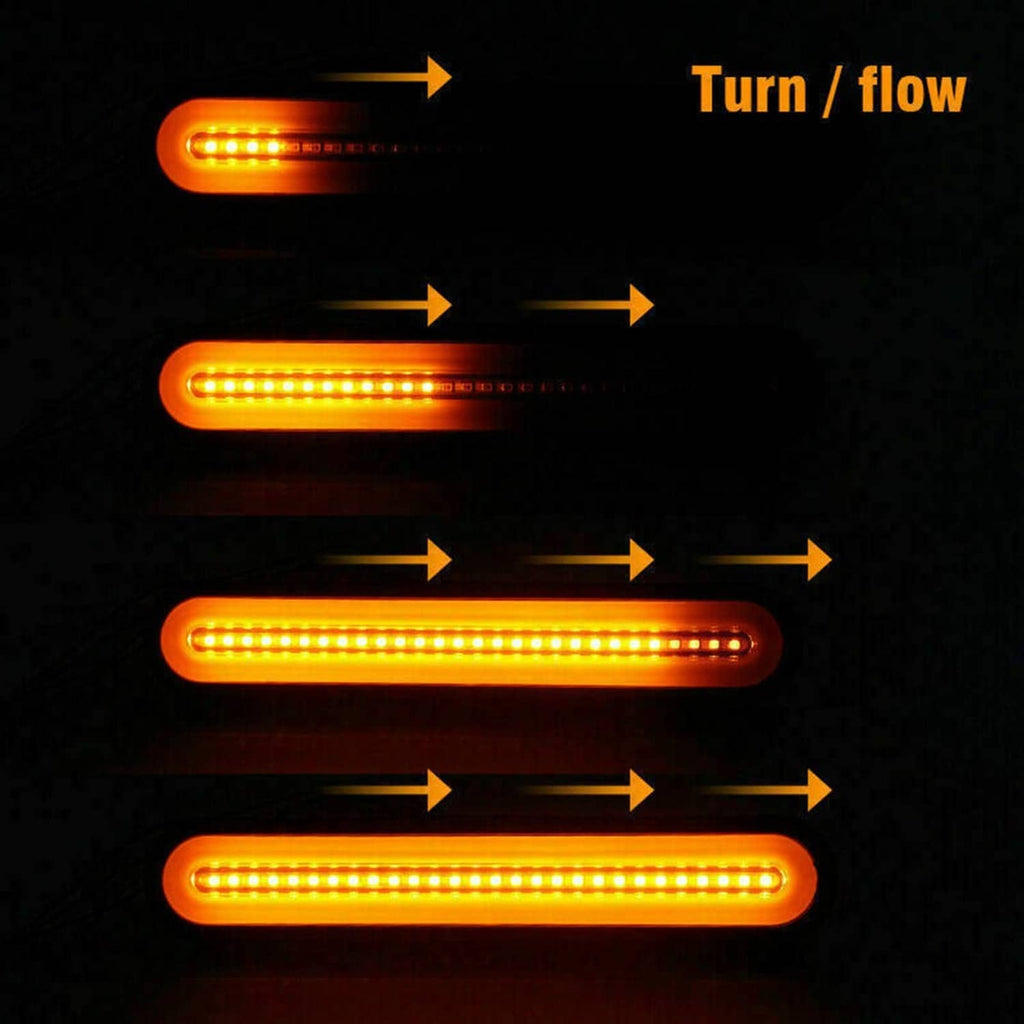 3-in-1 LED light bar showing amber turn and red stop/tail illumination with arrows