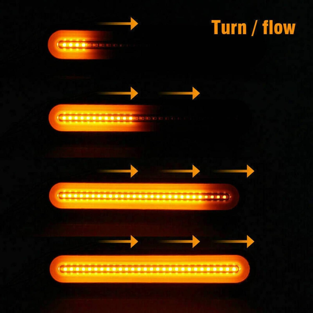 3-in-1 LED light bar showing amber turn and red stop/tail illumination with arrows