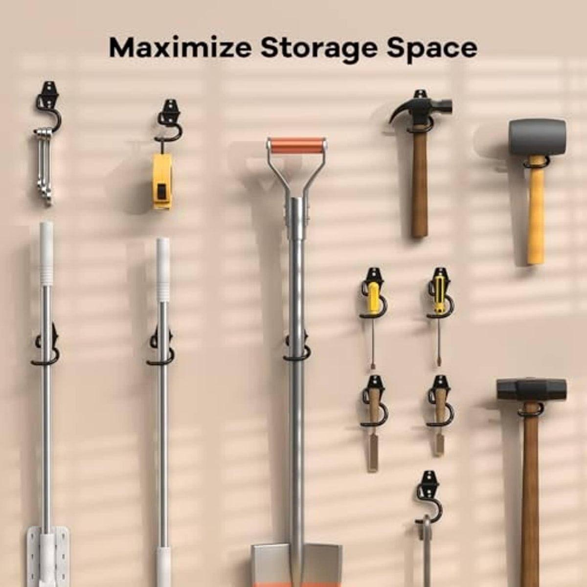 Multi-pack garage tool hooks with black S hangers for organizing tools on walls