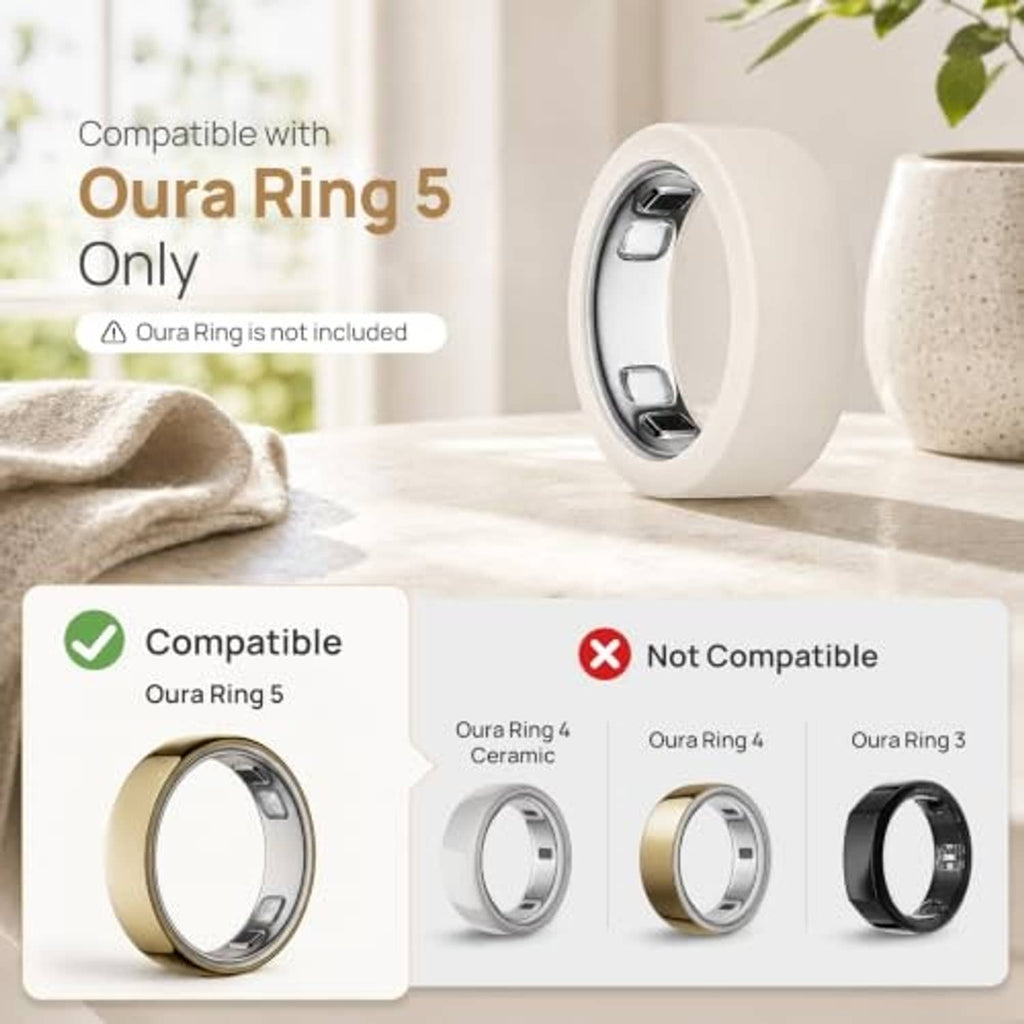 Oura Ring 5 ring cover, light beige silicone sleeve with a metal sensor window