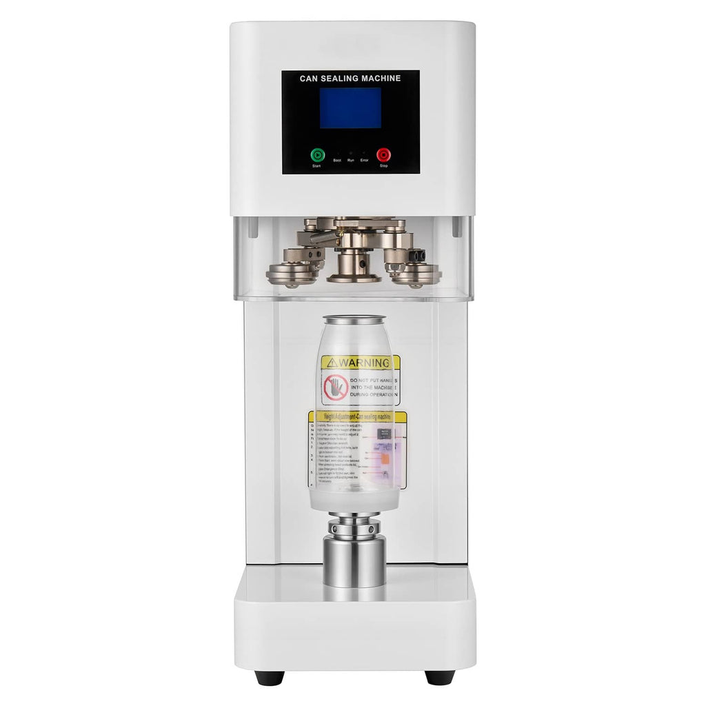 White front-view automatic can sealing machine with digital display and sealing rollers.