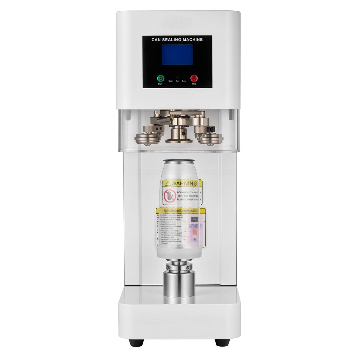 White front-view automatic can sealing machine with digital display and sealing rollers.