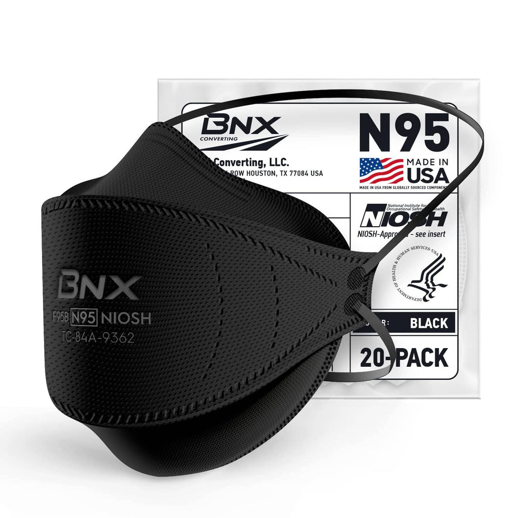 Black N95 respirator mask with head straps and textured face seal