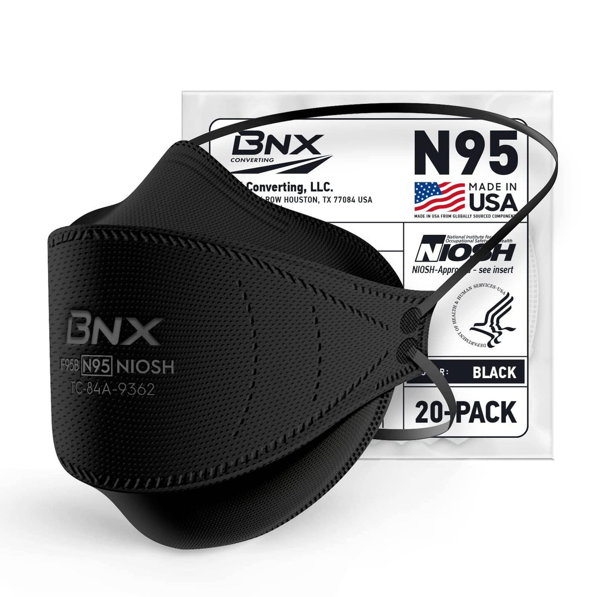 Black N95 respirator mask with head straps and textured face seal
